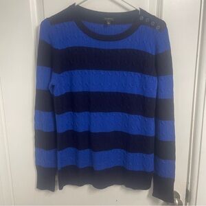 Talbots Sweater Womens Medium Lambswool Blue Strip Crew Cable knit Button Detail